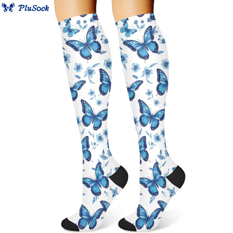 Chaussettes de compression à motif floral et papillon (3 paires) - Bleu (1 paire) - S/M - image 4