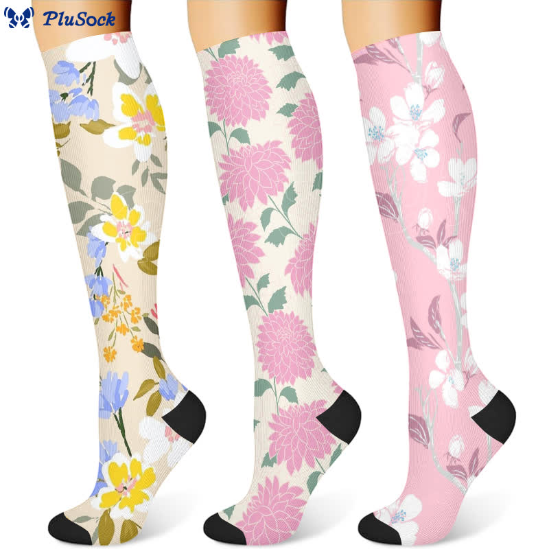 Chaussettes de compression florales élégantes (3 paires) - Multicolore - S/M - image 1