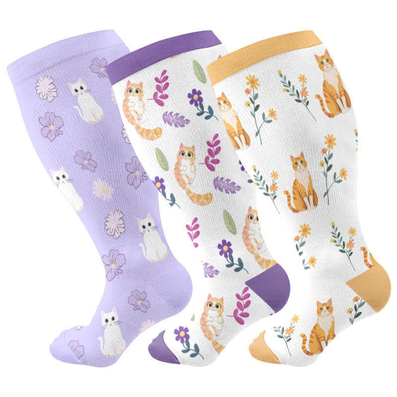 Chaussettes de compression à fleurs et chats grande taille - image 5
