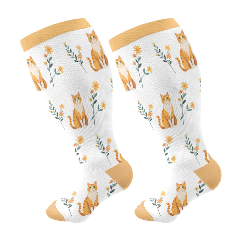 Chaussettes de compression à fleurs et chats grande taille - Jaune - 4XL - image 8