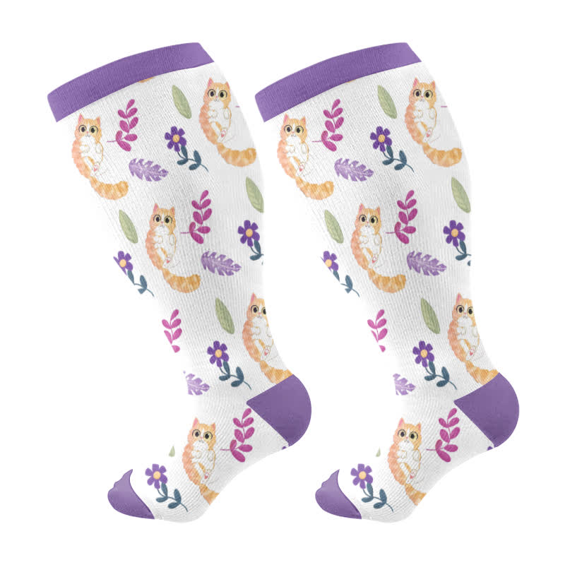Chaussettes de compression à fleurs et chats grande taille - Blanc - 4XL - image 7