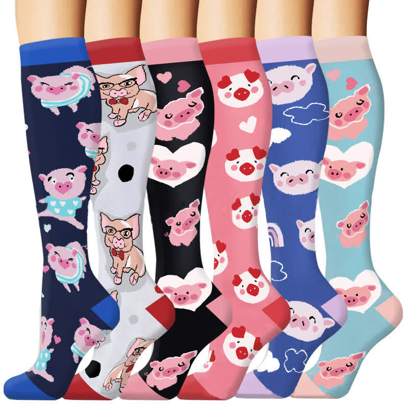 Chaussettes de compression pour course à pied en plein air à imprimé cochon mignon (6 paires)