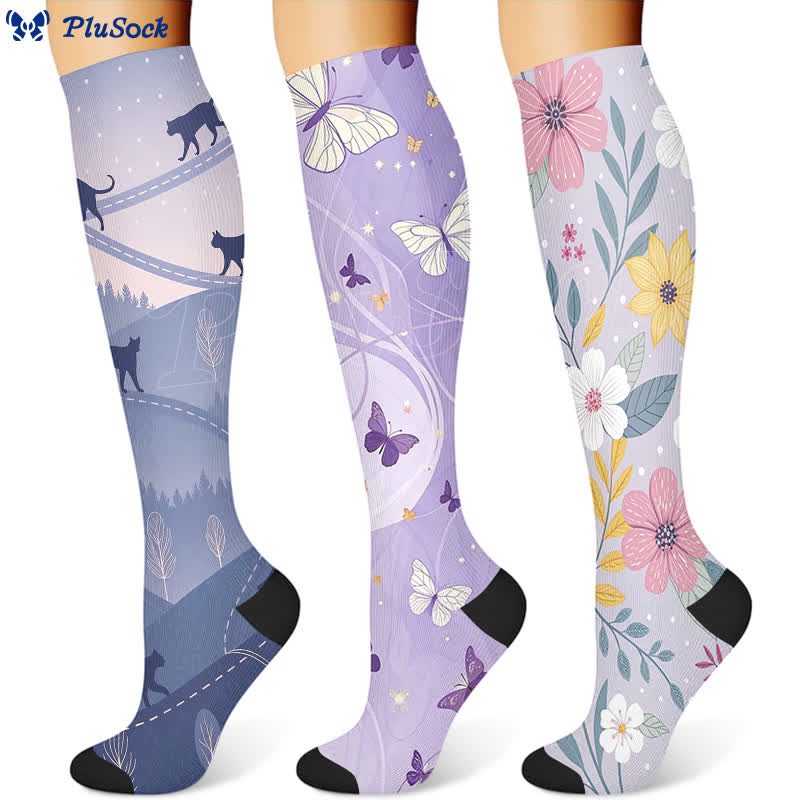 Chaussettes de compression à motif floral, papillon et chat (3 paires) - image 1
