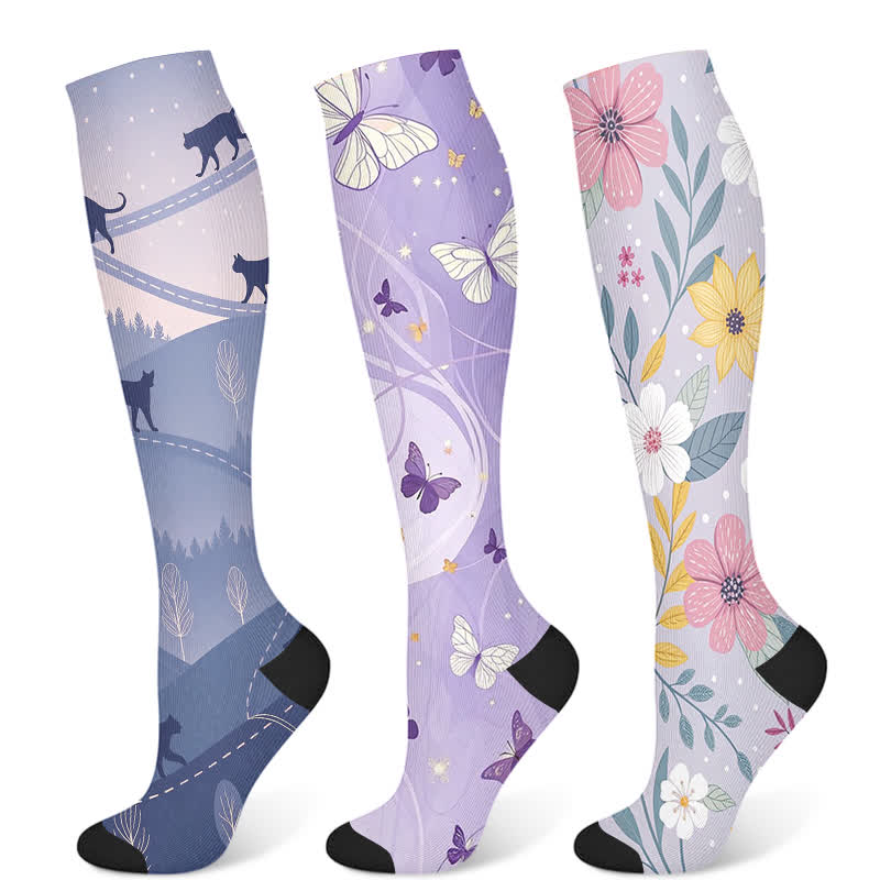 Chaussettes de compression à motif floral, papillon et chat (3 paires) - Multicolore - S/M - image 5