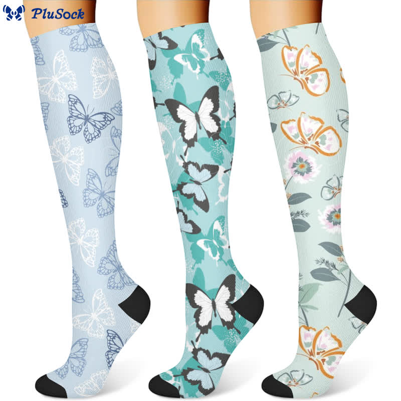 Chaussettes de compression à motif floral et papillon frais (3 paires) - image 1