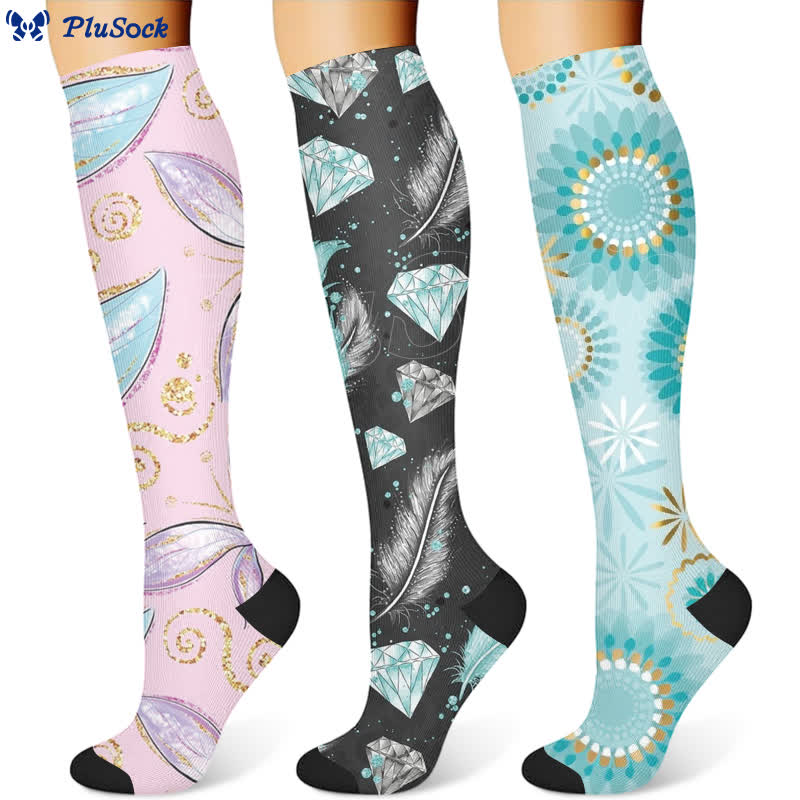 Chaussettes de compression à imprimé plumes et diamants (3 paires) - image 1