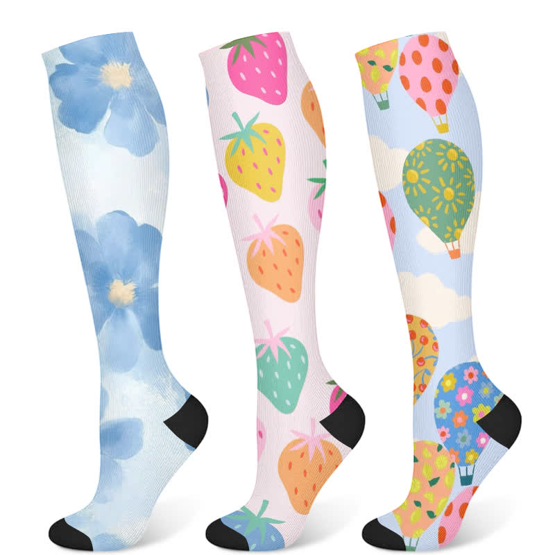 Chaussettes de compression à imprimé floral, fraise et montgolfière (3 paires) - Multicolore - S/M - image 5