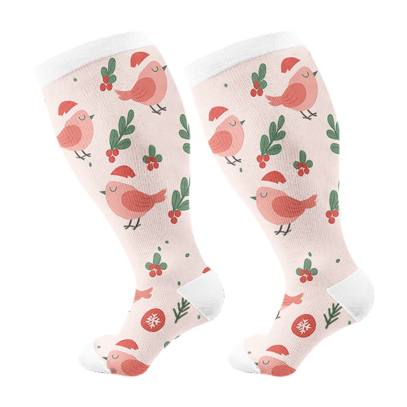Chaussettes de compression grande taille à motif gnomes de Noël et oiseaux - Rose - 4XL - image 6