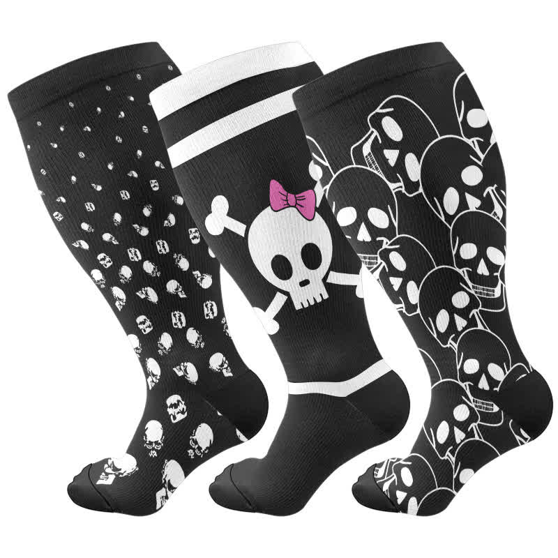 Chaussettes de compression grande taille à imprimé tête de mort pour Halloween (3 paires) - Multicolore - 4XL - image 5