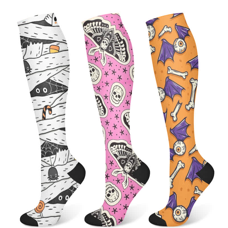 Chaussettes de compression à imprimé dessin animé effrayant d'Halloween (3 paires) - Multicolore - S/M - image 5