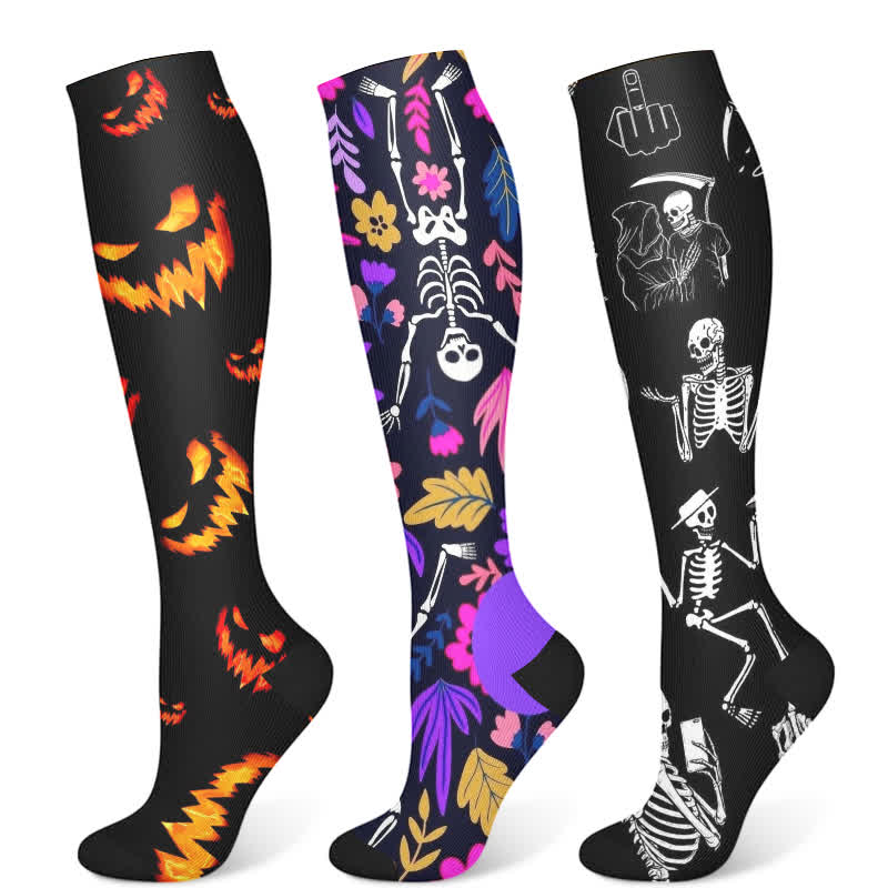Chaussettes de compression imprimées inspirées du crâne d'Halloween (3 paires) - Multicolore - S/M - image 5
