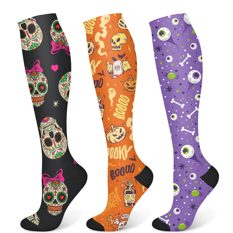 Chaussettes de compression à imprimé tête de mort pour Halloween (3 paires) - Multicolore - S/M - image 5