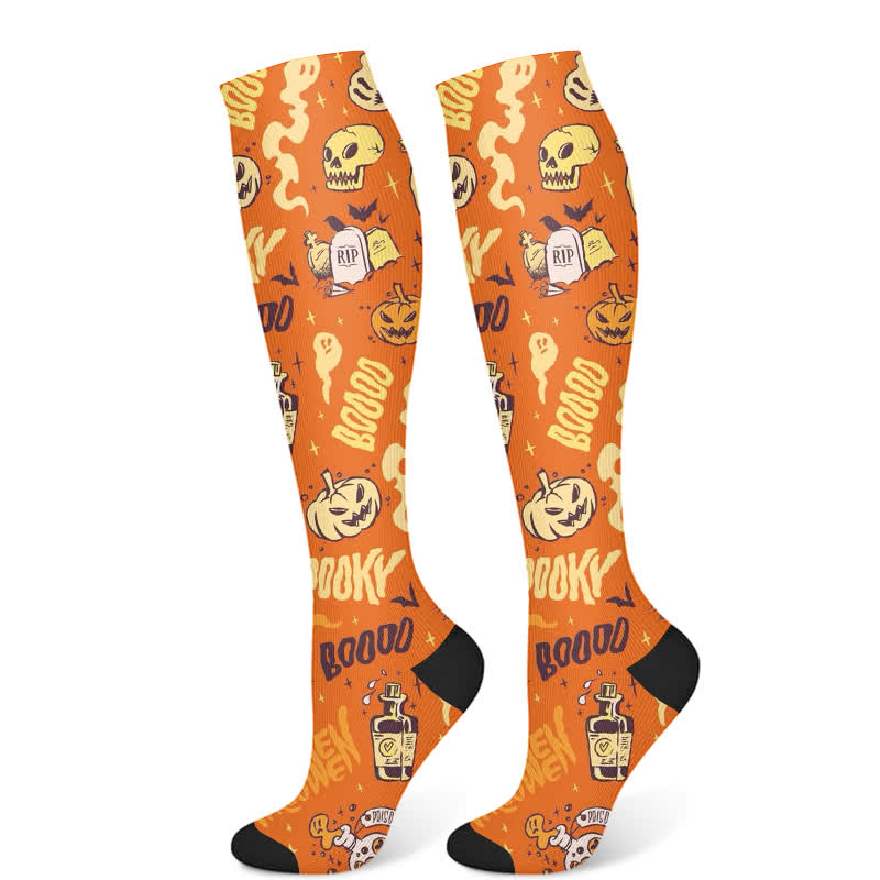 Chaussettes de compression à imprimé tête de mort pour Halloween (3 paires) - Orange (1 paire) - S/M - image 7