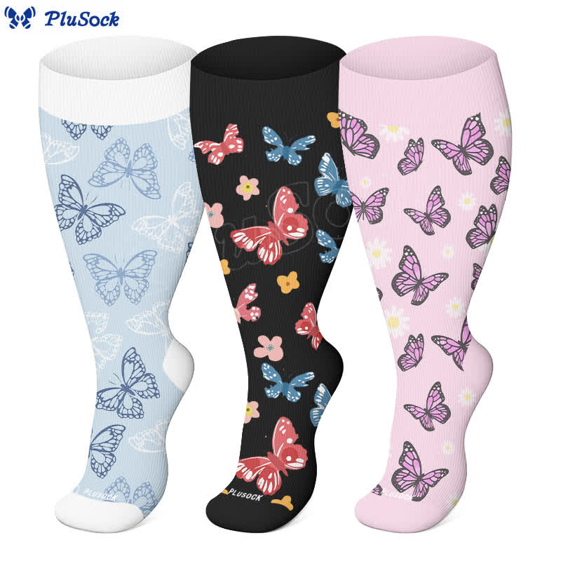 Chaussettes de compression grande taille motif papillon et fleurs (3 paires) - image 1