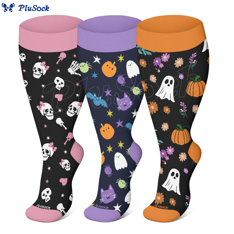 Chaussettes de compression grande taille motif animaux mignons d'Halloween (3 paires) - image 1