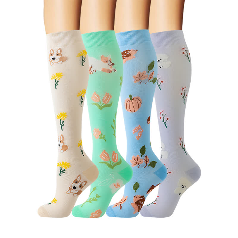 Chaussettes de compression montantes à motif animal et floral (4 paires) - Multicolore - S/M - image 0