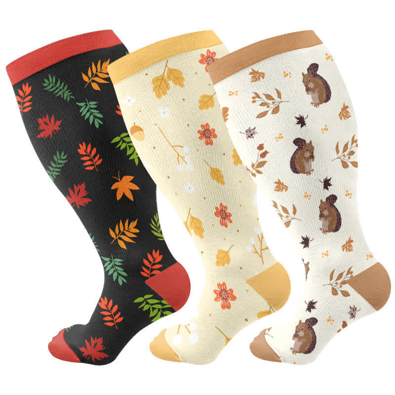 Chaussettes de compression grande taille à imprimé feuilles d'écureuil (3 paires) - Multicolore - 4XL - image 4