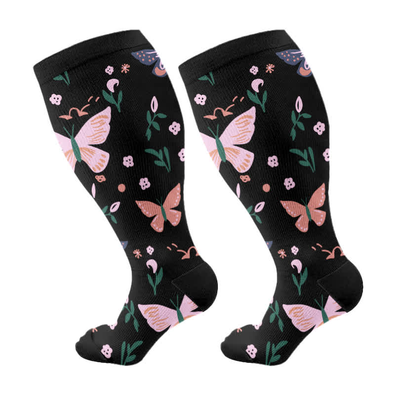 Chaussettes de compression à imprimé papillon et fleurs grande taille (3 paires) - Noir (1 paire) - 4XL - image 6