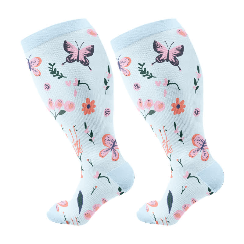 Chaussettes de compression à imprimé papillon et fleurs grande taille (3 paires) - Bleu clair (1 paire) - 4XL - image 7