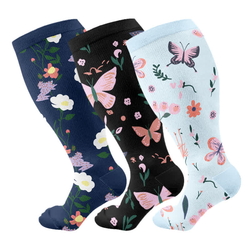 Chaussettes de compression à imprimé papillon et fleurs grande taille (3 paires) - Multicolore - 4XL - image 4