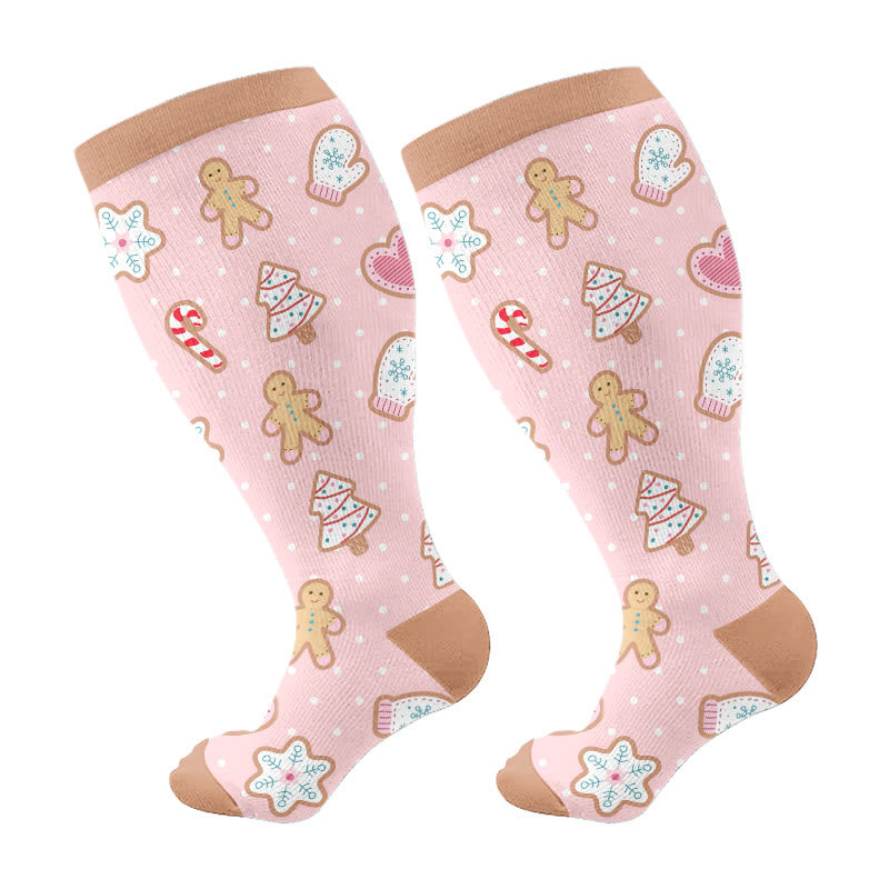 Chaussettes de compression Grande Taille Bonhomme de neige, Élan, Bonhomme en pain d'épice - Rose - 4XL - image 7