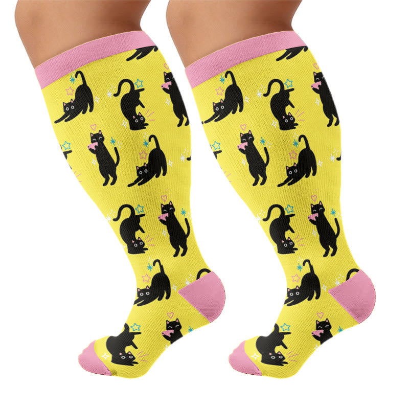 Chaussettes de compression grandes tailles à motif chat mignon et original - Jaune (1 paire) - 4XL - image 7