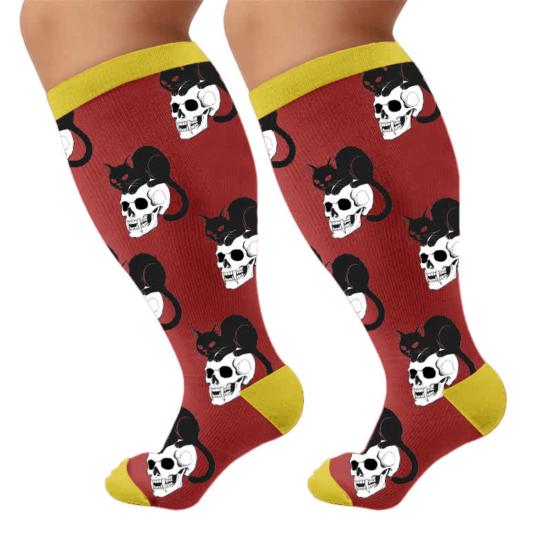 Chaussettes de compression grandes tailles à motif chat et fleurs - Rouge (1 paire) - 4XL - image 10