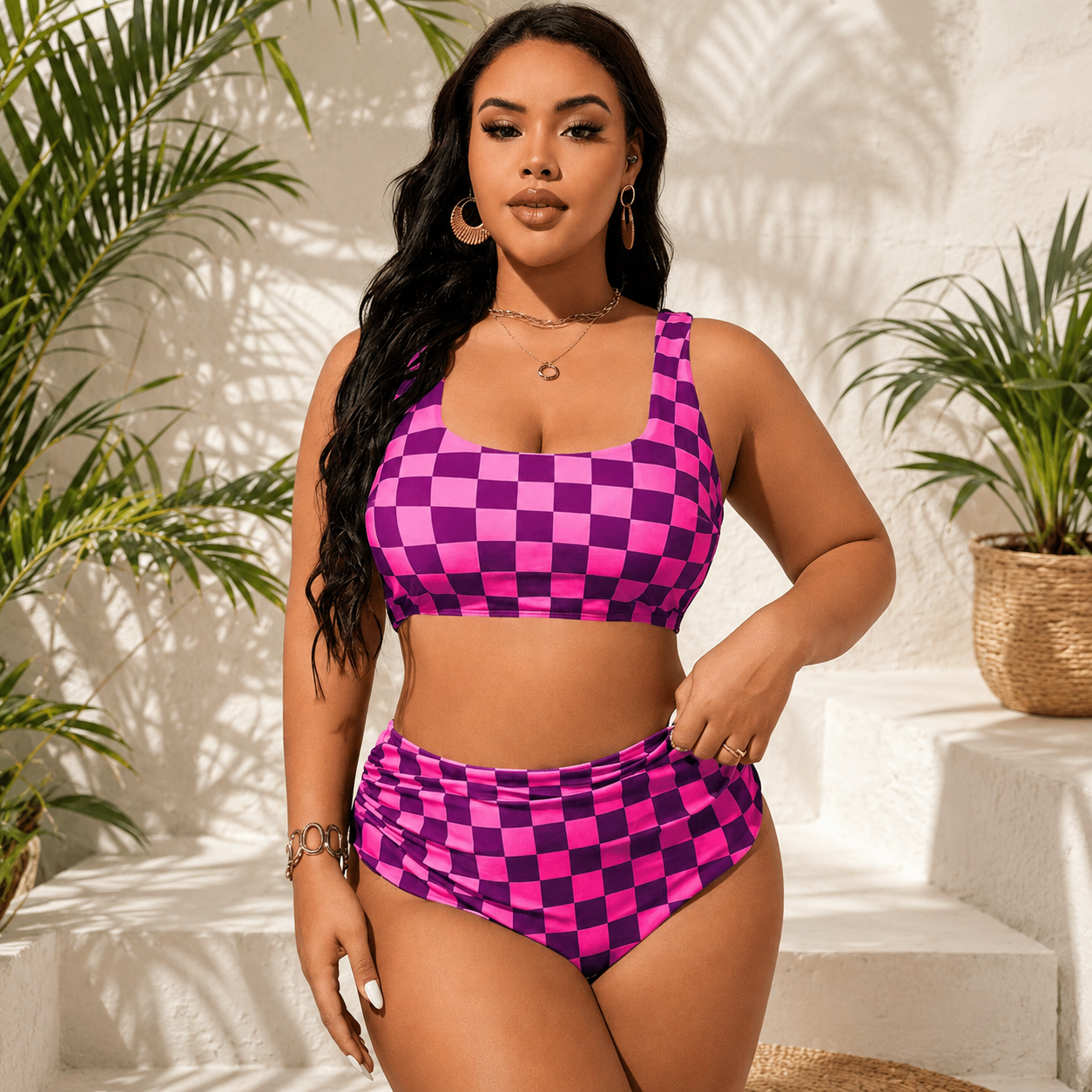 Ensemble bikini deux pièces à carreaux - Fuchsia - 4XL - image 0