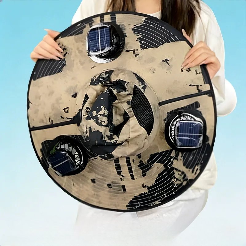 Chapeau de soleil à large bord avec refroidissement solaire - Kaki - One Size - 3 Fans - image 15