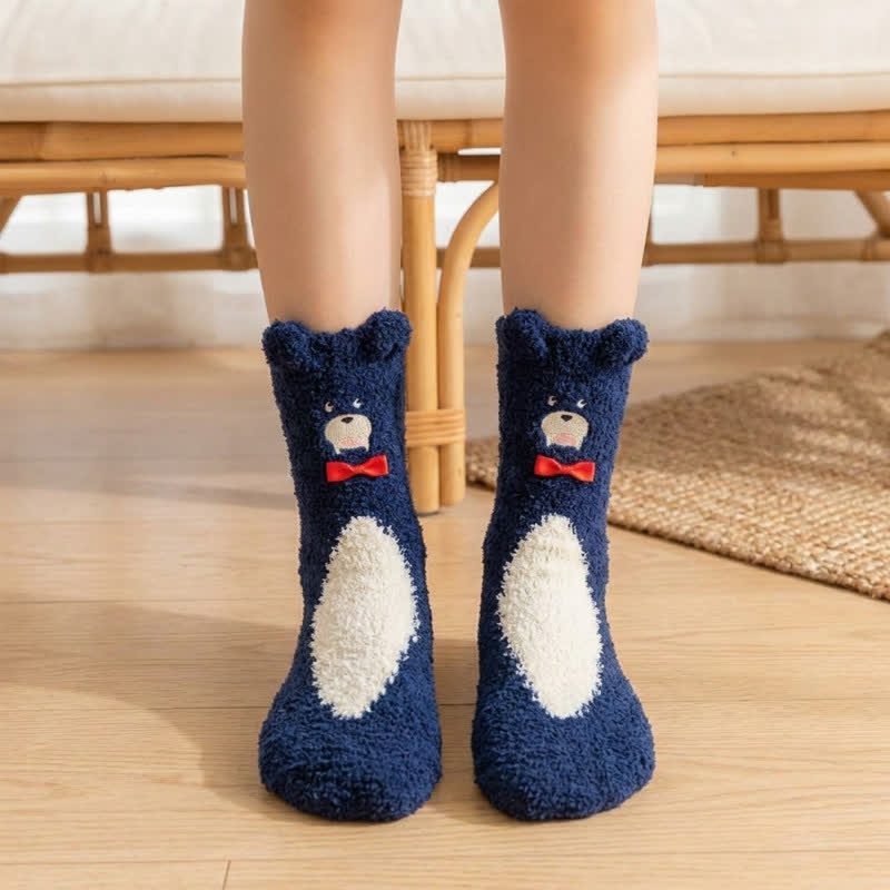Chaussettes-chaussons en peluche avec nœud papillon ours mignon - Bleu royal - EU36-42(US3-8.5) - image 3