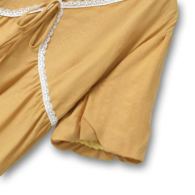 Chemisier grande taille en coton à col V et bordure en dentelle, noué sur le devant - image 3