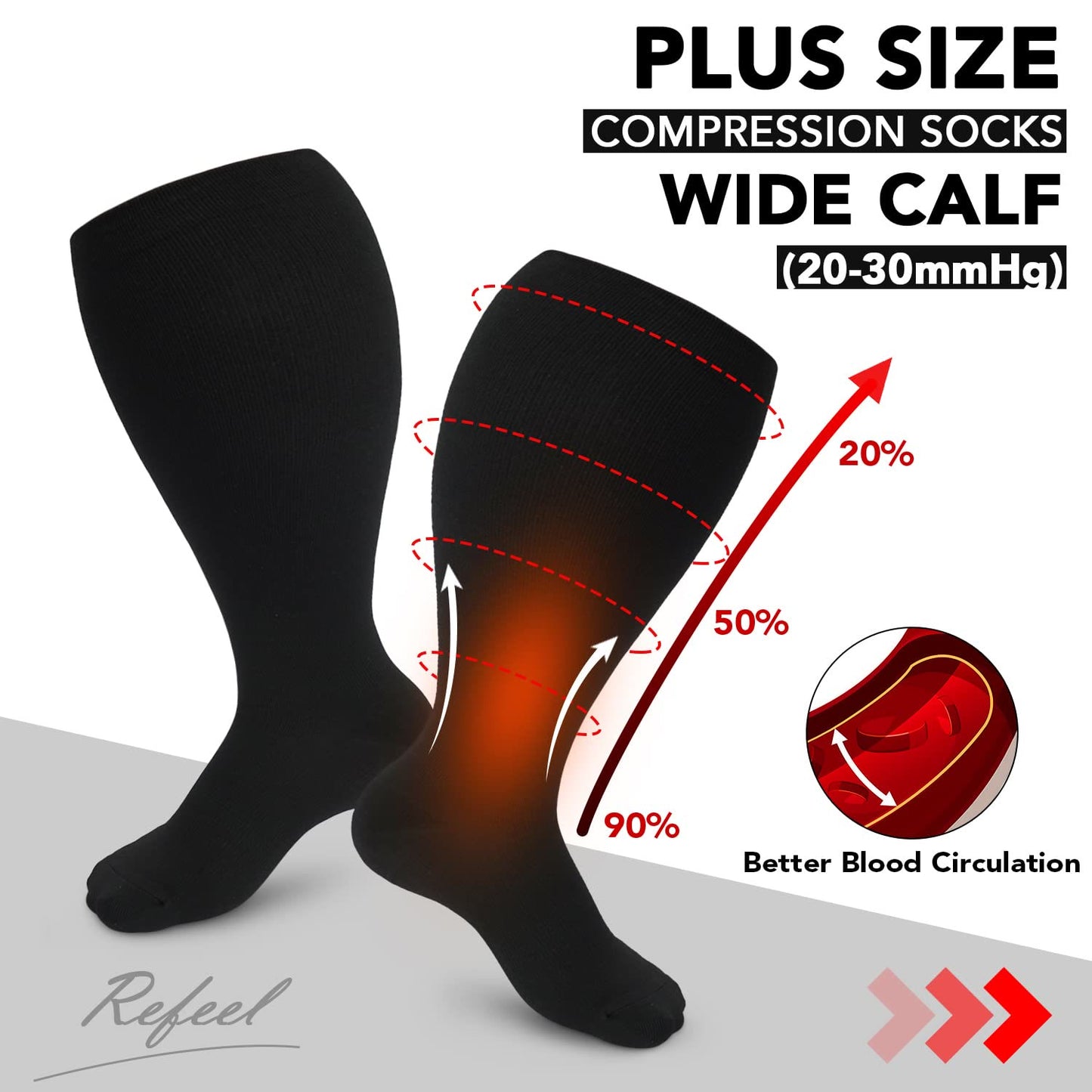 Chaussettes de compression bleues à motif cœur noir et électrocardiogramme, grande taille (3 paires)