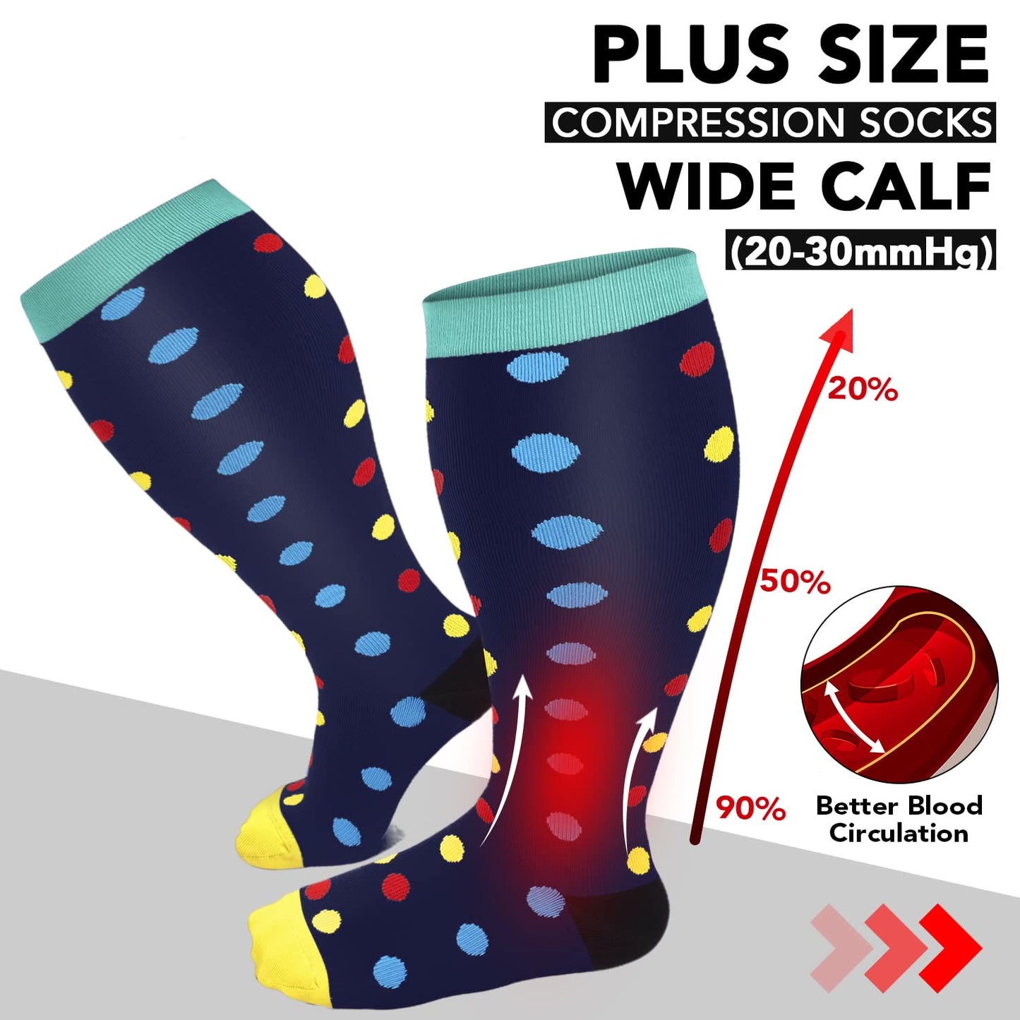 Chaussettes de compression grande taille à pois bleus (3 paires)