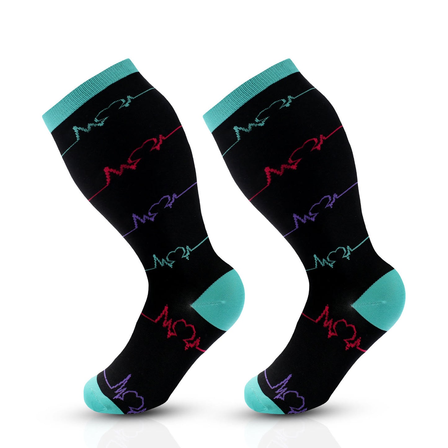 Chaussettes de compression bleues à motif cœur noir et électrocardiogramme, grande taille (3 paires)