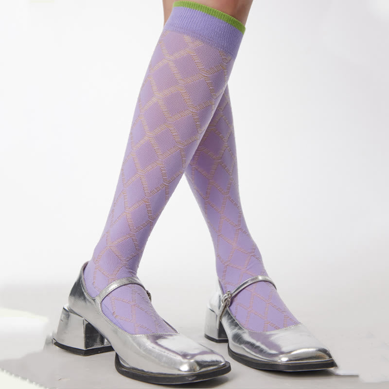 Chaussettes de compression transparentes à motif de losanges violets