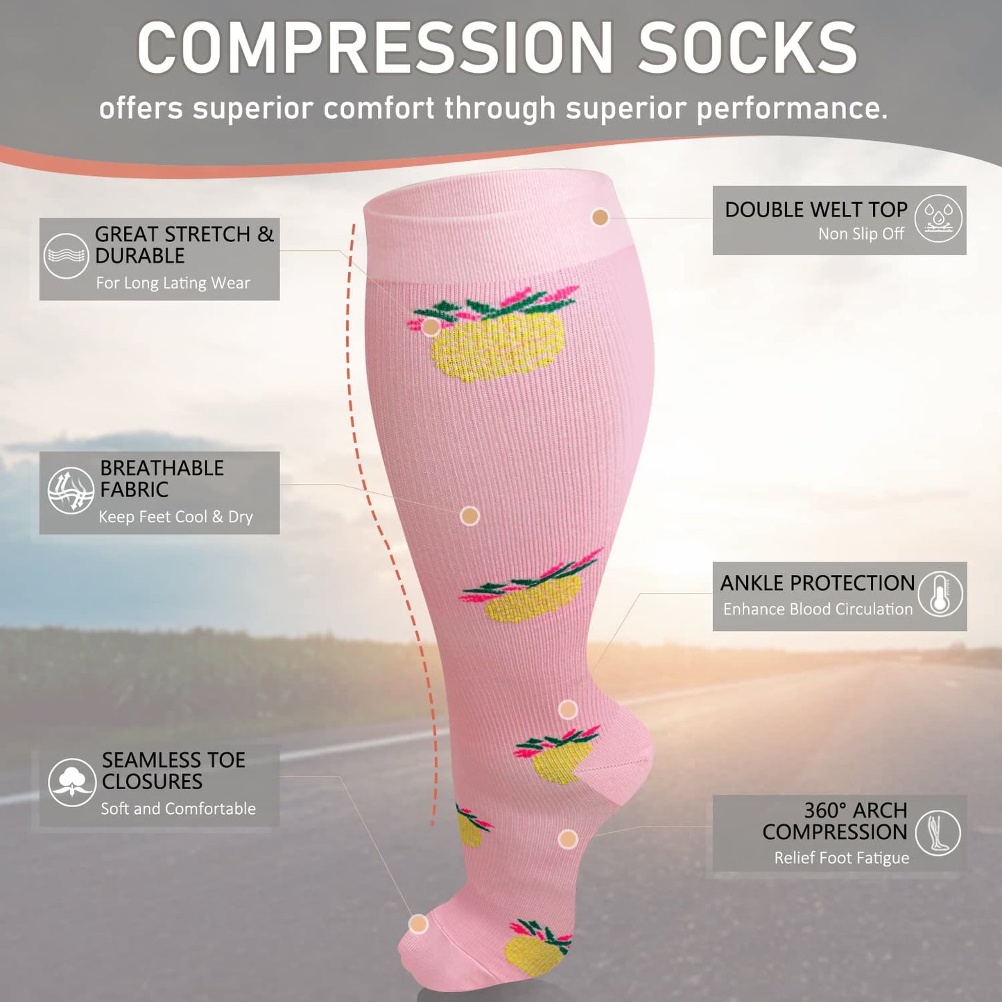 Chaussettes de compression ananas roses grande taille 2XL-7XL (3 paires)