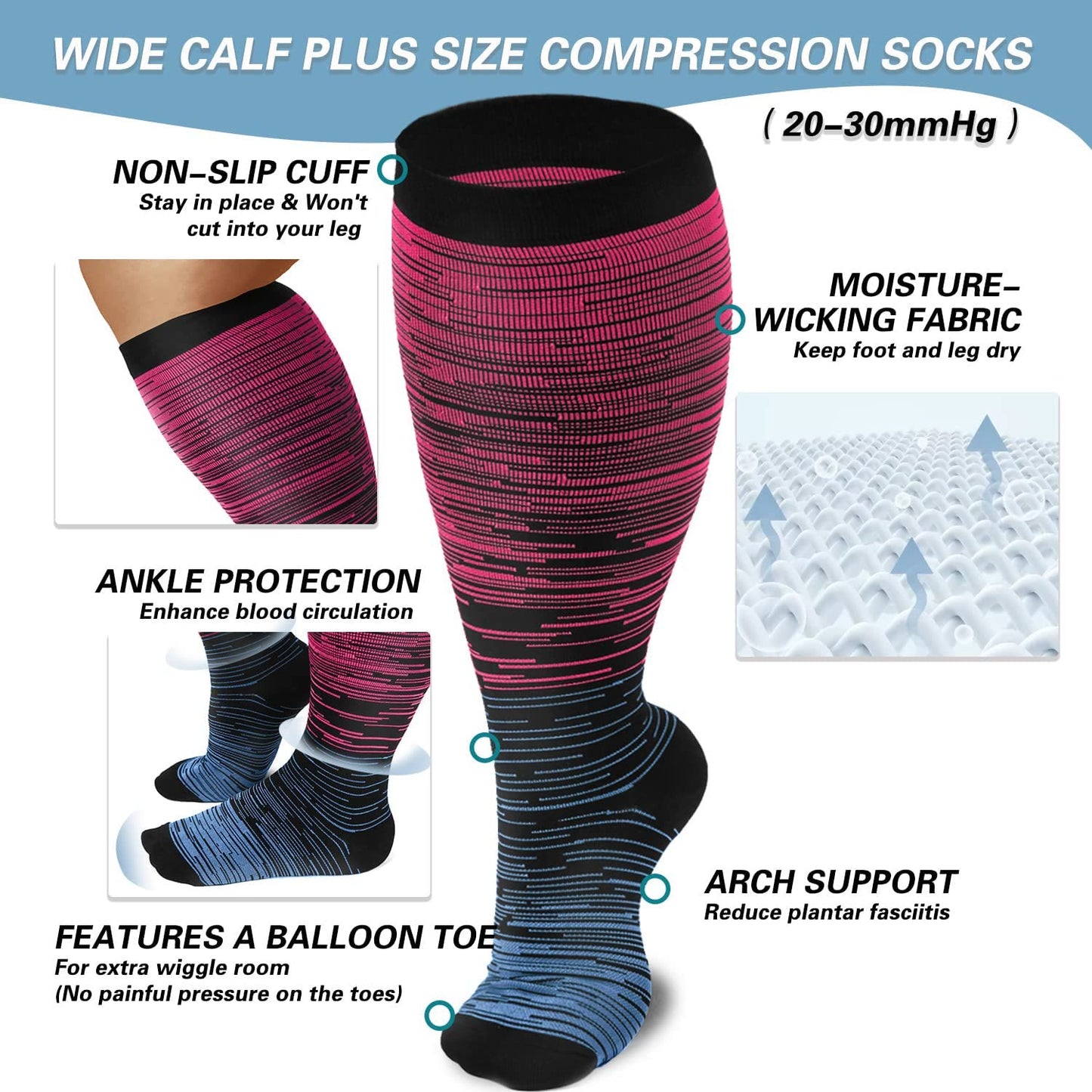 Chaussettes de compression grande taille à filaments roses rouges (2XL-7XL) (3 paires)