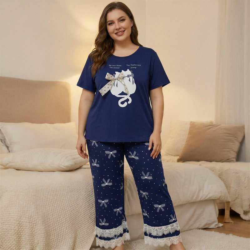 Ensemble pyjama imprimé chat à nœud papillon doux - Bleu - 4XL - image 7