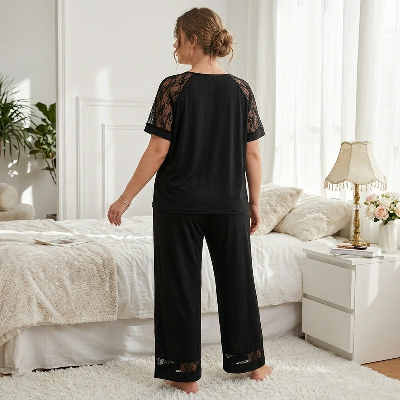 Ensemble pyjama à col en V et bordure en dentelle - image 2