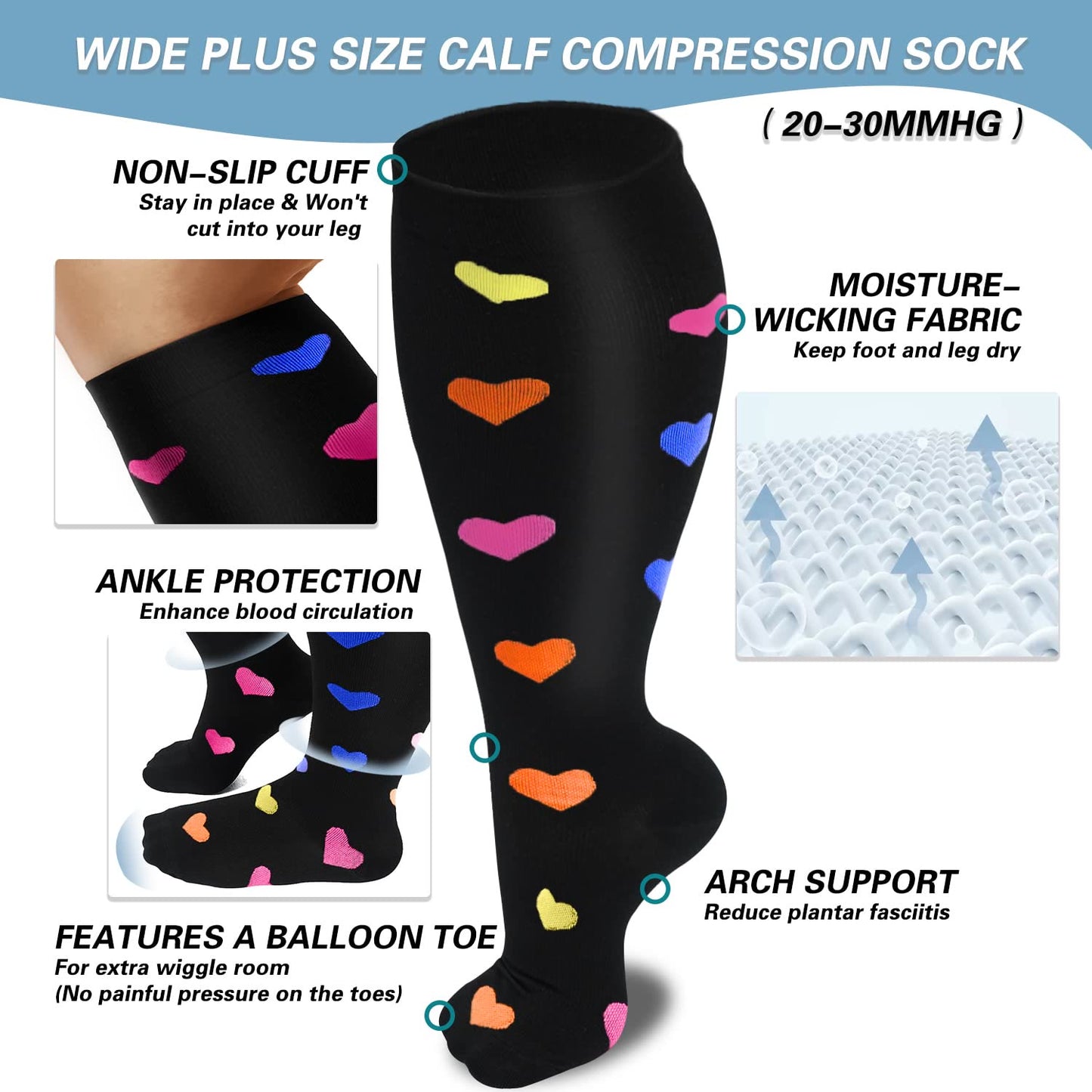 Chaussettes de compression grande taille à motif cœur (2XL-7XL) (3 paires)