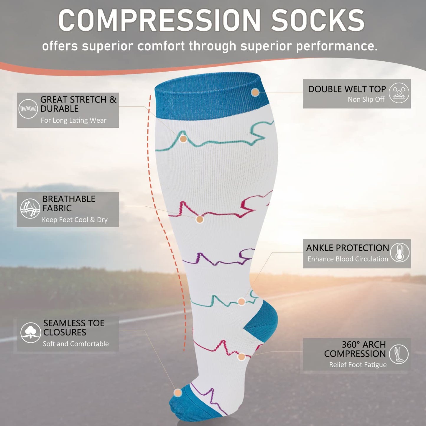 Chaussettes de compression blanches pour électrocardiogramme grande taille (3 paires)