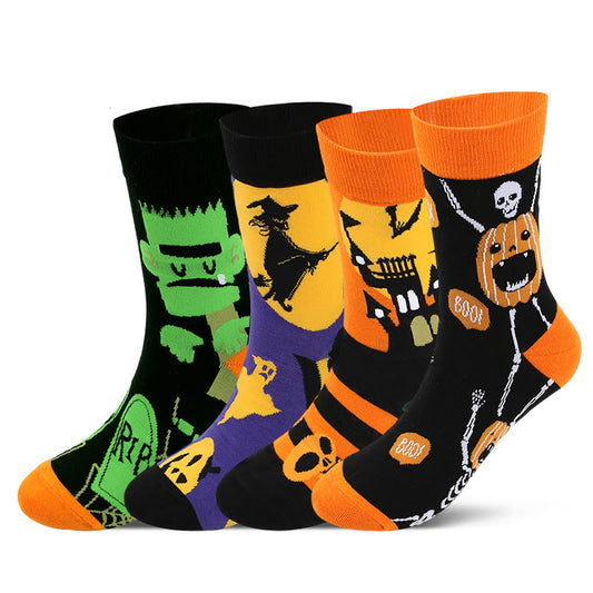 Chaussettes d'Halloween imprimées mignonnes grande taille (5 paires) - Perte+Squelette*2+Sorcière+Château - EU43-49 (US9-14) - image 1