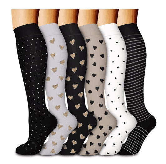 Chaussettes de compression à rayures et pois en forme de cœur (6 paires)