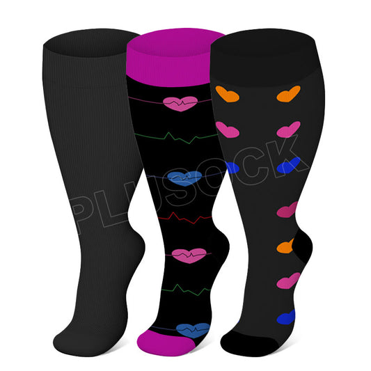 Chaussettes de compression noires à motif électrocardiogramme en forme de cœur, grandes tailles 2XL à 7XL (3 paires) - Multicolore - 7XL - image 0