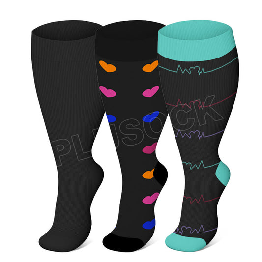 Chaussettes de compression bleues à motif cœur noir et électrocardiogramme, grande taille (3 paires)