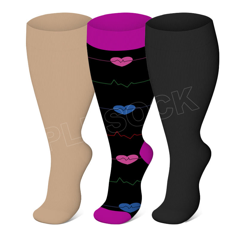 Chaussettes de compression violettes à motif électrocardiogramme, grandes tailles 2XL à 7XL (3 paires) - Multicolore - 7XL - image 0