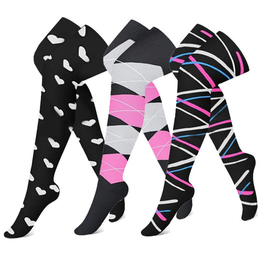 Chaussettes de compression hautes à blocs de couleurs noir et rose (3 paires)