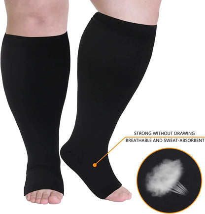 Chaussettes de compression unies grandes tailles à orteils ouverts - image 1