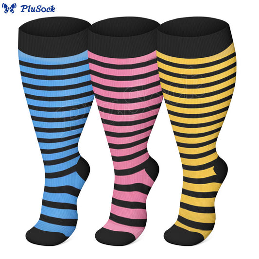 Chaussettes de compression à rayures roses, bleues et jaunes grande taille