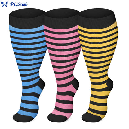Chaussettes de compression à rayures roses, bleues et jaunes grande taille (3 paires)
